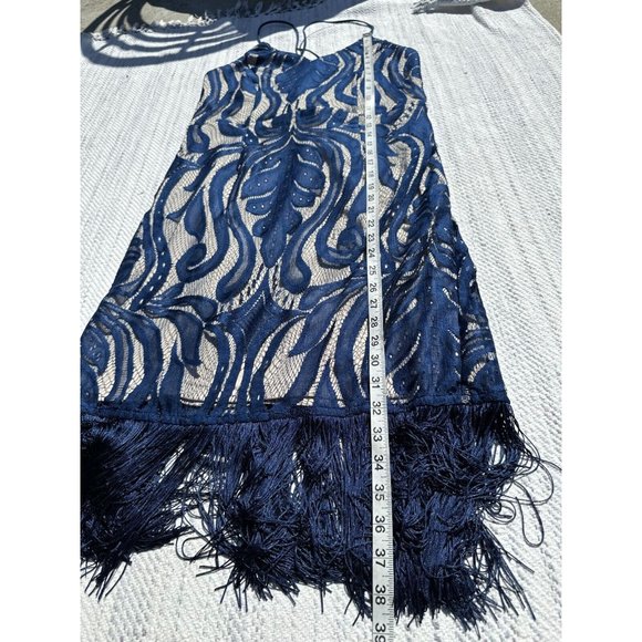 K Jordan Lace Dress Women's Large Navy Blue V-Neck Fringe Hem Spaghetti Strap - Picture 8 of 12